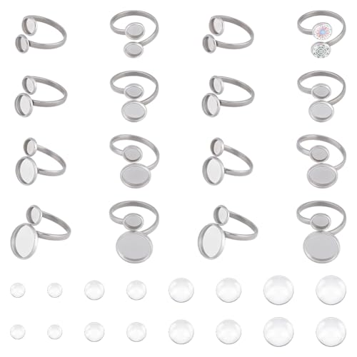 UNICRAFTALE 16 Set 4 Größen Fingerring Rohling Verstellbare Manschettenring Fassungen Cabochon Ring Basis Edelstahl flache Runde Pad Ring Basis Beschläge Lünettenschale Für Schmuckherstellungszubehör von UNICRAFTALE