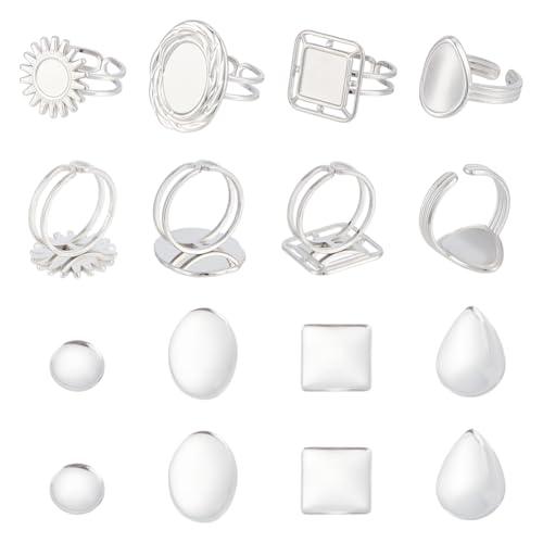 UNICRAFTALE 16 Stück 4 Stile, blanko, Fingerringsockel, verstellbare Manschettenring-Einstellungen mit Glas-Cabochon, 304 Edelstahl, oval, quadratisch, Tropfenform, Sonnenpolster, Ringsockel, Lünette von UNICRAFTALE