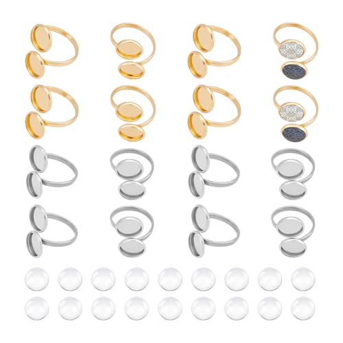 UNICRAFTALE 20 Sets 2 Farben Cabochons Ring Blank Ring Basis Edelstahl Lünette Manschette Fingerringe mit doppeltem rundem Tablett mit 40 Glas-Cabochons Ring-Lünetteneinstellungen für von UNICRAFTALE