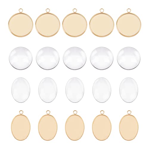 UNICRAFTALE 20 Sets Flache Runde Cabochon Anhänger Rohlinge Mit Glascabochons 16-18mm Edelstahl Ovale Cabochon Anhänger Tabletts Sets Für DIY Schmuckherstellung, Golden von UNICRAFTALE