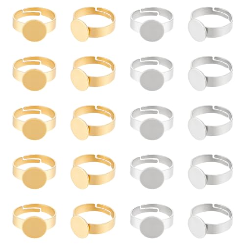 UNICRAFTALE 20 Stück 2 Farben 10mm Fingerring Rohlinge Gold Ringlünetten Rohlinge Edelstahl Verstellbare Leere Cabochon Ringeinstellungen Ringe Basis Kit Ringbasis Zubehör Für Die Ringherstellung von UNICRAFTALE