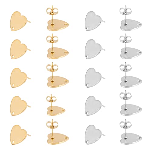 UNICRAFTALE 20 Stück 2 Farben Ohrstecker In Herzform 304 Edelstahl Ohrstecker Mit Ohrmuttern Und Loch Ohrring Komponenten Für Die DIY-Schmuckherstellung von UNICRAFTALE