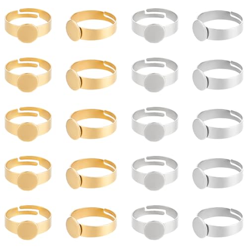 UNICRAFTALE 20 Stück 2 Farben 8mm Fingerring Rohlinge Gold Ringlünetten Rohlinge Edelstahl Verstellbare Leere Cabochon Ringeinstellungen Ringe Basis Kit Ringbasis Zubehör Für Die Ringherstellung von UNICRAFTALE