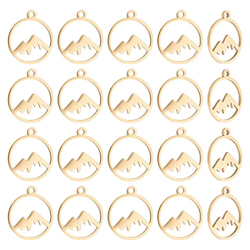 UNICRAFTALE 20 Stück Goldene Berg Charms Edelstahl Hypoallergen Hohl 17 mm Flach Rund Mit Berganhänger Schmuck Geschenk Für Outdoor Liebhaber Wanderer Skifahrer Kletterer von UNICRAFTALE