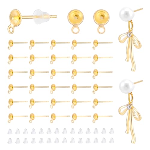 UNICRAFTALE 200 Stück 18K Vergoldete Perlen Ohrstecker Edelstahl Ohrstecker Für Halbgebohrte Perlen Mit 200 Stück Kunststoff Ohrmuttern Ohrringe Selber Machen Set Zur Schmuckherstellung von UNICRAFTALE