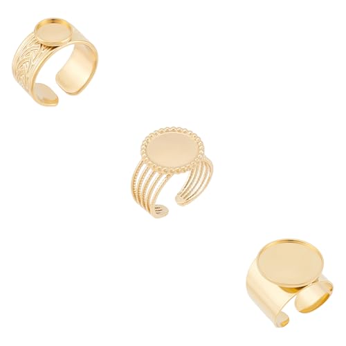 UNICRAFTALE 3 Stück 3 Stile Flache Runde Cabochon Lünette Blanke Tablett Ringsockel Edelstahl Fingerring Komponenten Offene Verstellbare Manschettenring Rohlinge Goldene Pad Ringfassungen Für Frauen von UNICRAFTALE