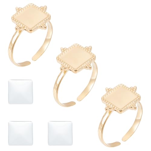 UNICRAFTALE 3 Stück DIY Blanko Quadratring 304 Edelstahl Zur Herstellung Offener Manschettenringe Echtes 14K Vergoldetes Gold Mit Glascabochons Ringen Basisring Lünettenschale Zur Schmuckherstellung von UNICRAFTALE