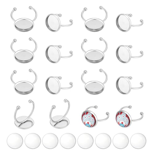 UNICRAFTALE 30 Sets 14 mm Tablett, 304 Edelstahl, offene Manschette, Fingerringe, verstellbar, halbrund, blanko, kuppelförmig, Fingerring mit Glas-Cabochon, für DIY-Ringe, Schmuckherstellung von UNICRAFTALE