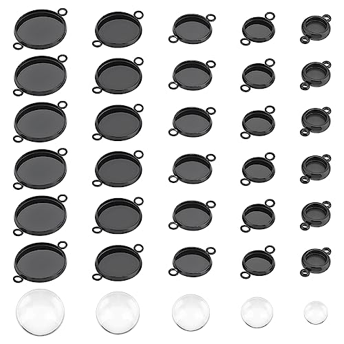 UNICRAFTALE 30 Sets 5 Größen Cabochon Anhänger 304 Edelstahl Runde Cabochon Verbindungs Anhänger Schwarz Rohlinge Lünetten Anhänger Tabletts Mit Glas Cabochon Armband Anhänger Für Schmuckherstellung von UNICRAFTALE