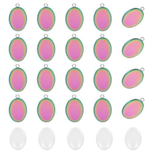 UNICRAFTALE 30 Sets Cabochon Anhänger Regenbogen Edelstahl Flach Oval Rohlinge Cabochon Lünetten Anhänger Mit Ovale Glas Cabochons Anhänger Set Für Foto Anhänger Schmuckherstellung DIY von UNICRAFTALE