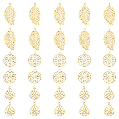 UNICRAFTALE 30 Stück 3 Stile Blatt Charm Anhänger Goldene Tropfen Anhänger 304 Edelstahl Filigran Anhänger Flache Runde Metall Charms 1-2 mm Loch Schmuck Anhänger Brackets Charms Für Schmuck DIY von UNICRAFTALE