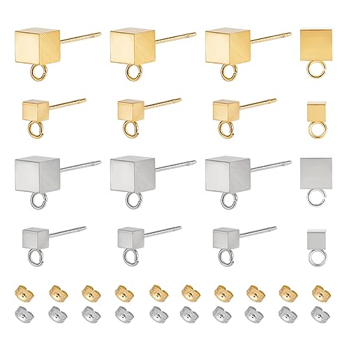 UNICRAFTALE 32 Stk 2 Farben 2 Größen Würfel Ohrstecker 304 Edelstahl Ohrstecker Mit Ohrring Verschlüssen Und Schlaufen Goldene Metall Ohrstecker Für Selbstgemachte Ohrringe Schmuckherstellung von UNICRAFTALE