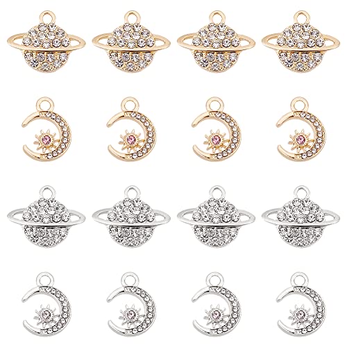 UNICRAFTALE 32 Stück 2 Stile 2 Farben Planeten Anhänger Halbmond Charms Legierungs Anhänger Mit Strass 15~15.5 mm Strass Planeten Charms Halbmond Halsketten Anhänger Für Die Schmuckherstellung von UNICRAFTALE