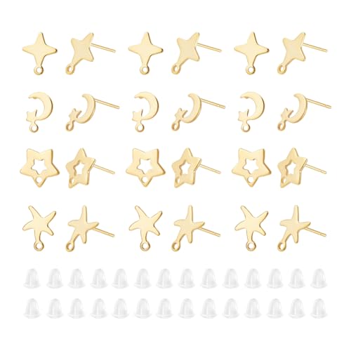 UNICRAFTALE 32 Stück 4 Stile Goldene Ohrstecker Aus Edelstahl Stern Die Ohrstecker Mit Loch Und Ohrstecker Verschlussstifte 0.7 mm Für Die Herstellung von Ohrringen Und Schmuck von UNICRAFTALE