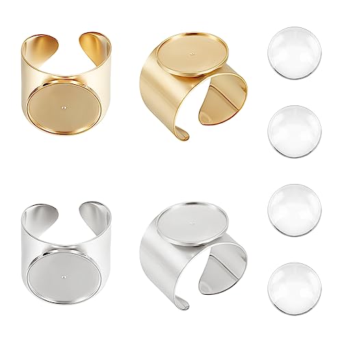 UNICRAFTALE 4 Sets 2 Farben Tablett 15mm 304 Edelstahl Offene Manschette Fingerring Rohling Ringherstellungssatz Metall Mit Glascabochon Goldene Lünette Tabletts Ring Für DIY Ringherstellung von UNICRAFTALE