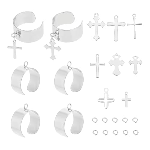 UNICRAFTALE 4 Sets Charm Ringe Set Edelstahl Damen Ringe Verstellbare Ringe Mit Kreuz Charms Anhänger Edelstahl Ringe Offene Manschette Fingerring Komponenten Für Die Herstellung von DIY Ringschmuck von UNICRAFTALE