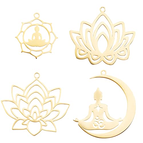 UNICRAFTALE 4 Stück 4 Stil 201 Edelstahl Lotus Anhänger Sommer Lotus Charms Golden Moon Yoga Charms 1.5-1.6 mm Loch Flower Dangle Charms Ohrring Anhänger Für Die DIY Schmuckherstellung von UNICRAFTALE