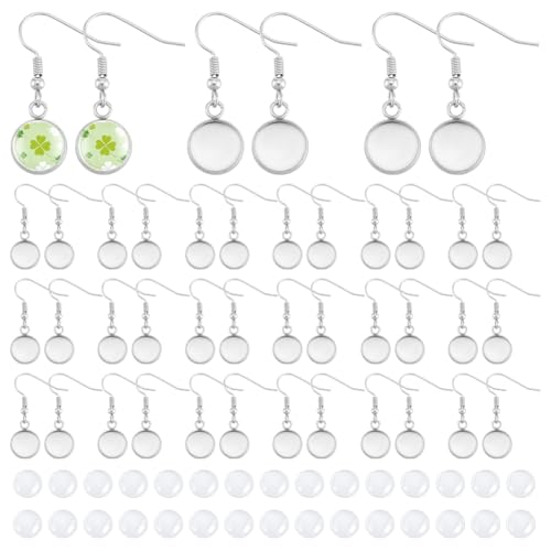 UNICRAFTALE 40 Sets 80 Stück leere Kuppel-Lünetten-Tablett, baumelnde Ohrringe, 10 mm, Edelstahl, flach, rund, baumelnde Ohrringe, Kits mit transparenten Glas-Cabochon-Einstellungen, Ohrhaken für von UNICRAFTALE