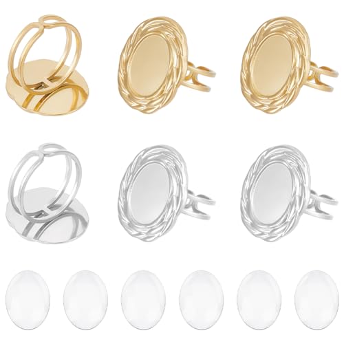 UNICRAFTALE 6 Stück Blanker Offener Ovaler Echt Vergoldeter Edelstahl Manschettenring Flachpolster Ringschale Mit 6 Stück Cabochon Metall Offene Manschetten Cabochon Lünettenschalen Ring von UNICRAFTALE