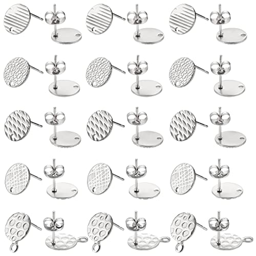 UNICRAFTALE 60 Stk 5 Stile Flache Runde DIY Ohrringe Zubehör Strukturierte Ohrstecker Rohling Edelstahl Strukturierte Ohrringe Selber Machen Set Metall Ohrringe Basteln für Damen Schmuckherstellung von UNICRAFTALE