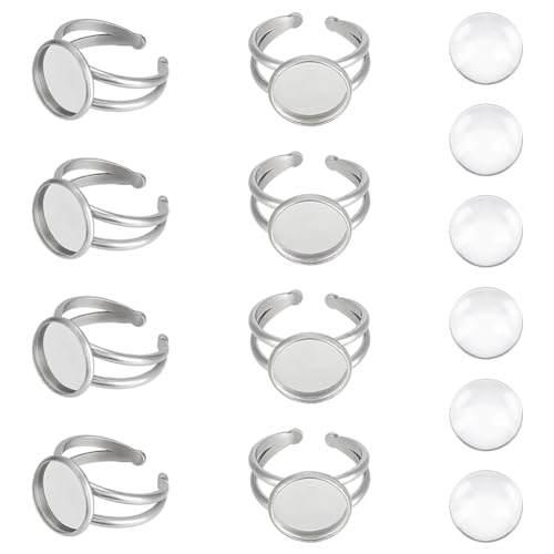 UNICRAFTALE 8 Sets 304 Edelstahl DIY Blank Dome Ring Making Kits Offene Manschettenring-Einstellungen, Metall-Fingerring mit rundem Tablett, Glas-Cabochon-Ring-Basiseinstellungen für von UNICRAFTALE