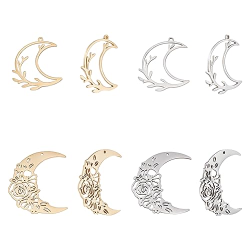 UNICRAFTALE 8 Stk 2 Stile 2 Farben 201 Edelstahl Mond Und Blumen Anhänger Metall Flach Hohl Charms Golden Mond Flache Pflanzentropfen Baumelnde Ohrringe Charms Für DIY Armband Schmuckherstellung von UNICRAFTALE