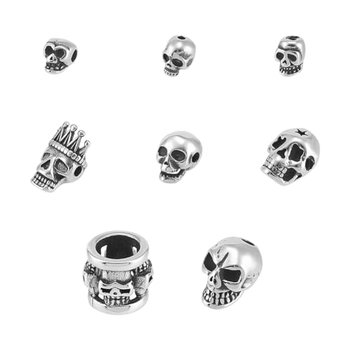 UNICRAFTALE 8 Stück 8 Stilen Totenkopf Perlen Halloween Abstandsperlen Edelstahl Antik Silber Lanyard Perlen Totenkopf Perlen Europäische Totenkopf Perlen Metallperlen Für Herstellung DIY Armbändern von UNICRAFTALE