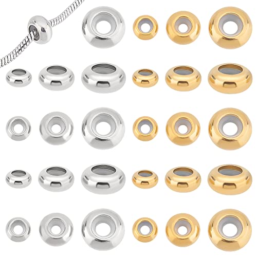 UNICRAFTALE 30 Stk 2 Farben 6/8/10mm Stopper Perlen Schieber Perlen Mit Gummi Innen Rondelle Slider Perlen Metall Abstandsperlen 2/3.5mm Loch Edelstahl Perlen Für Armband Schmuckherstellung von UNICRAFTALE