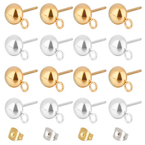 UNICRAFTALE Ca. 40 Stück 2 Farben Kuppel/Halbrunder Ohrstecker 0.8mm Stift Edelstahl Ohrstecker Mit Schlaufe Golden & Edelstahl Farbe Ohrstecker Für DIY Schmuckherstellung von UNICRAFTALE