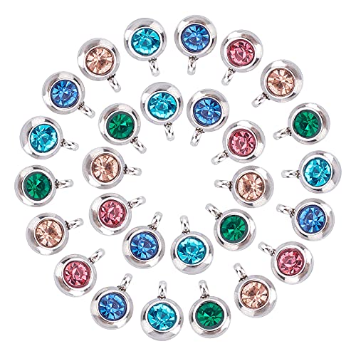 UNICRAFTALE Über 30pcs 5 Farben Flache Runde Strass Anhänger Edelstahl Kristall Geburtsstein Anhänger Facettierte Kristall Charms Schmuck Anhänger Für Schmuckherstellung Loch 2mm von UNICRAFTALE