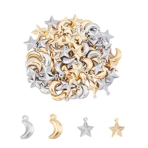 UNICRAFTALE Über 80 Stück 2 Farben Stern/Mond Anhänger, 1mm Loch Edelstahl Star Pattern Charm, Metall Dreidimensionale Form Anhänger Für Halskette Armband Und Ohrring DIY Making Craft von UNICRAFTALE