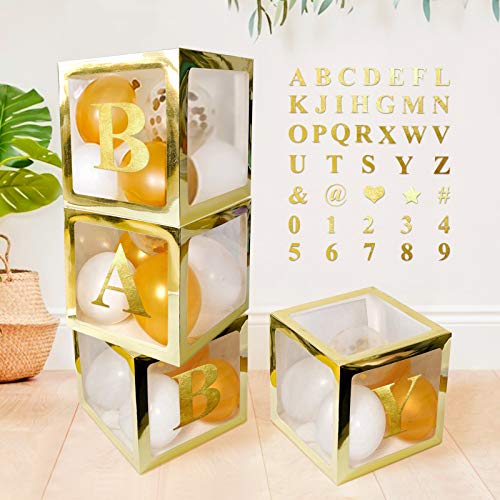 4 Stück Gold Transparent Luftballons Boxen mit 30 Buchstaben 10 Zahlen 5 Symbolen, UNIIDECO Neutral Gender Reveal Oh Baby Shower Dekorationen ABC Blocks Schild, Dusche Geburtstag Party Supplies von UNIIDECO