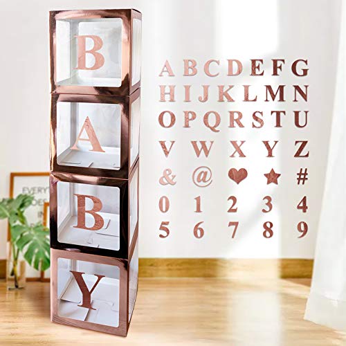 4 Stück Rose Gold Clear Boxen für Luftballons mit 30 Buchstaben, 10 Zahlen, 5 Symbole, ABC transparente Geschenkbox Geburtstag Geschlecht Reveal Dekoration, Baby Shower Boy Girl Letter Blocks von UNIIDECO