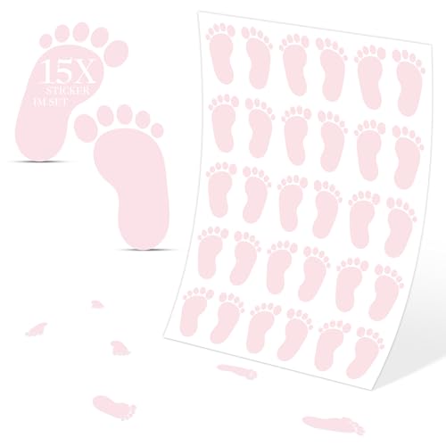 Babyfüße Deko Sticker Set, 15 Stück, Aufkleber ca. 8x5 cm in Rosa, Fußabdruck Wandsticker, Bodenetiketten für Baby-Partys, Kinderzimmer, Baby Shower Dekoration, Selbstklebend und Wiederverwendbar von UNIK Nordic