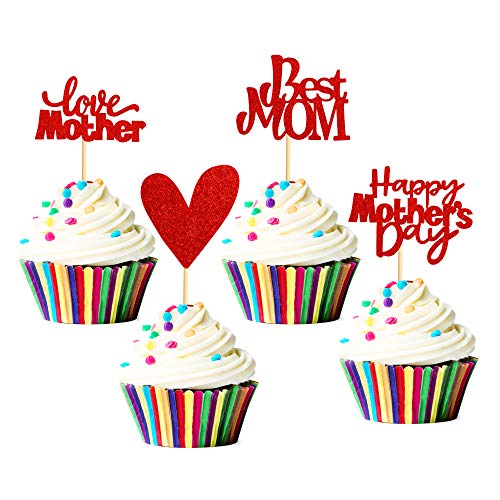 UNIMALL Unimall 24 Stück Rot Glitzer Beste Mama Herz Liebe Mutter Cupcake Topper Cupcake Picks für Muttertag Party Dekoration Rot Cupcake Topper Klein von UNIMALL