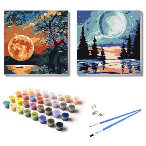 UNIQUORS Malen Nach Zahlen Erwachsene mit Rahmen Leinwand, Gemälde Abstrakt Handgemalt Mond Landschaft, Paint by Numbers, Ölgemälde Kits mit Pinsel und Acrylfarbe, 2 pack, 20 x20 cm von UNIQUORS