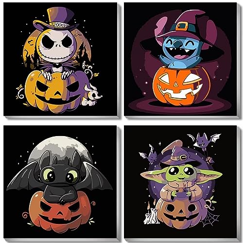 UNIQUORS Malen Nach Zahlen Kinder mit Rahmen 4 Stück Halloween, Stitch Leinwand Gemälde Set Erwachsene für Anfänger Zahnlos, Baby Yoda, Paint by Numbers Horror Jack Skellington, 20 x 20 cm von UNIQUORS