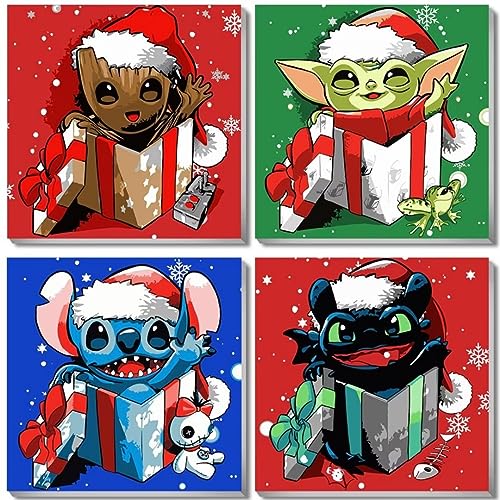 UNIQUORS Weihnachten Malen Nach Zahlen Kinder mit Rahmen 4 Stück Baby Yoda, Paint by Numbers Groot, Leinwand Gemälde Set Erwachsene für Anfänger, Stitch, gerahmte Leinwand Zahnlos, 20 x 20 cm von UNIQUORS