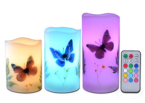 Kerzen Set mit 3 flammenlosen 4" 5" 6" Teelicht Schmetterling Blume Pflanzen Dekor Echtwachs Stumpenkerze LED Lichter 12 Farbwechsel 4H 8H Timer Fernbedienung AAA Batterien betrieben von UNIVELA