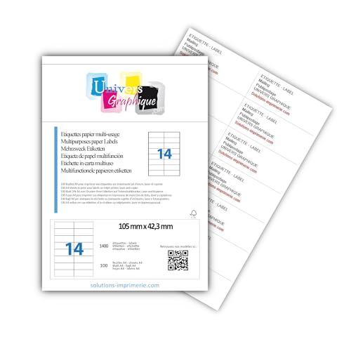 100 Blatt DIN A4 zu je 14 Etiketten (105 x 42,3 mm) = 1.400 bedruckbare Etiketten, permanent haftend, mattweiß. Kompatibel mit allen gängigen Drucksystemen und Softwareprogrammen von UNIVERS GRAPHIQUE