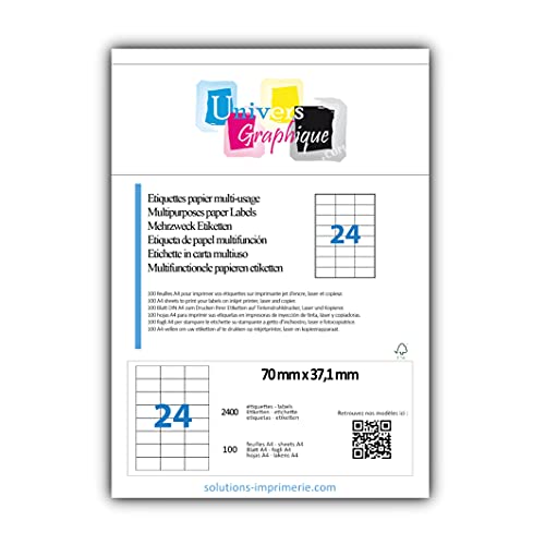 100 Blatt DIN A4 zu je 24 Etiketten (70 x 37,1 mm)= 2.400 bedruckbare Etiketten, permanent haftend, mattweiß. Kompatibel mit allen gängigen Drucksystemen und Softwareprogrammen von UNIVERS GRAPHIQUE