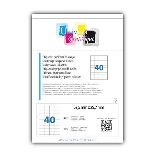 100 Bogen DIN A4 zu je 40 Mini-Etiketten (52,5 x 29,7 mm)= 4.000 bedruckbare Etiketten, permanent haftend, mattweiß. Kompatibel mit allen gängigen Drucksystemen und Softwareprogrammen von UNIVERS GRAPHIQUE