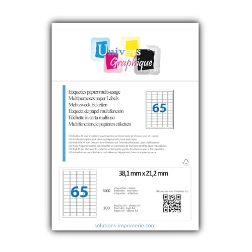 100 Bogen DIN A4 zu je 65 Mini-etiketten (38,1 x 21,2 mm) = 6.500 bedruckbare Etiketten, permanent haftend, mattweiß. Kompatibel mit allen gängigen Drucksystemen und Softwareprogrammen. von UNIVERS GRAPHIQUE