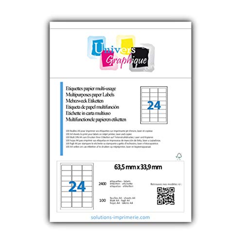 2400 Etiketten, 63,5 x 33,9 mm, L7159, Mehrzweck-Etikett für Drucker, 100 Bögen mit 24 Etiketten (L7159), Beutel mit 100 Stück, Hersteller: Universum Grafik®, Rechnung mit ausgewiesener MwSt von UNIVERS GRAPHIQUE