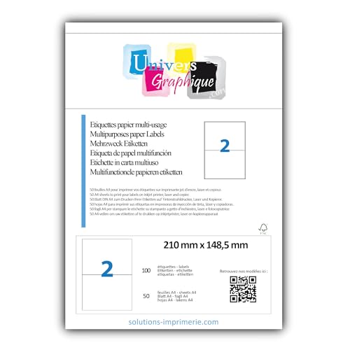 50 Blatt DIN A4 zu je 2 Etiketten (210 x 148,5 mm)= 100 bedruckbare Etiketten, permanent haftend, mattweiß. Kompatibel mit allen gängigen Drucksystemen und Softwareprogrammen Grammatur 70gr/m2 von UNIVERS GRAPHIQUE