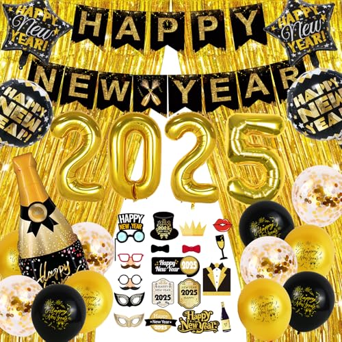 UNIVERTEN Silvester Deko 2025 Silvesterparty Dekoration Set, Happy New Year 2025 Banner,Silvester Luftballons, Foto Requisite, Glitzer Vorhang, Konfetti Ballons Schwarz Gold von UNIVERTEN