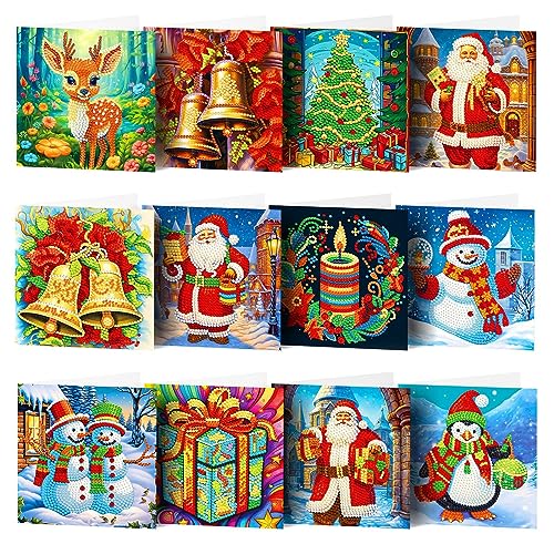 UNKCEST 12 Stück DIY Diamond Painting Grußkarten Set Weihnachten, Speziell geformte Weihnachtspostkarte, 5D Diamantstickerei Kristall Strass Malerei Kunst Handwerk Geschenk für Thanksgiving von UNKCEST