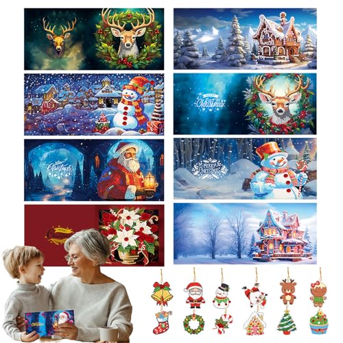 UNKCEST 8 Stück Weihnachtskarten 5D DIY Diamant Malerei Karten - Diamond Painting Art Christmas Cards Kit + 12 Schmuckelementen Für Kreative Grüße von UNKCEST