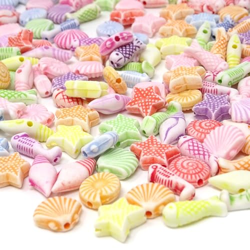 UNAZOVER 300 Stück Acryl Bunte Perlen, Mini Muschel Fisch Seestern Perlen Bonbonfarbene Kunststoffperlen Für DIY-Schmuckherstellung, Armbänder, Halskette, Schlüsselanhänger, Ohrringe (Macaron) von UNOZAVER