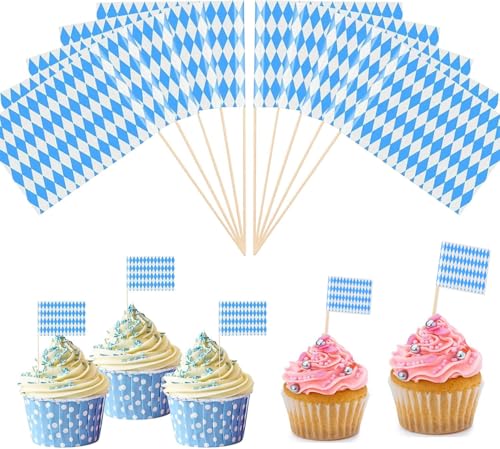 Oktoberfest Party Picks Zahnstocher, 3.5x6.5cm 100 Stück Cupcake Picks Dekorationen Flaggen, Oktoberfest Papierfähnchen, Blau und Weiß bayern fahne für Oktoberfest Grillfeste und andere Feiern von UOMYLEIR